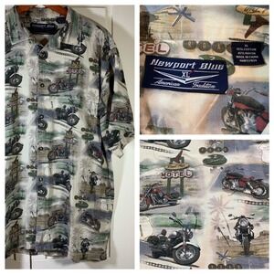 Newport Blue Motorcycle Hawaiian Shirt‎ Mens XL Route 66 Road Trip Motel Print